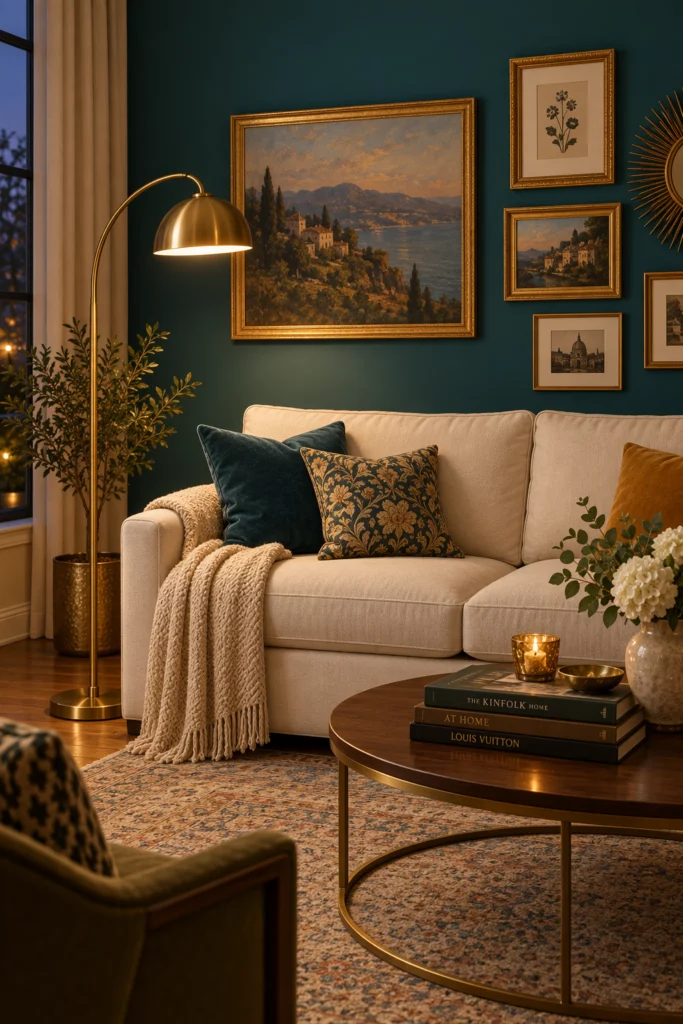 Teal living room wall styled with gold picture frames and brass lamp
