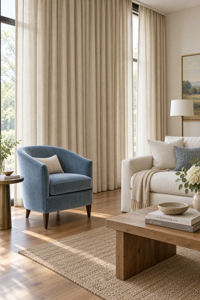 Dusty blue velvet accent chair with beige curtains in background
