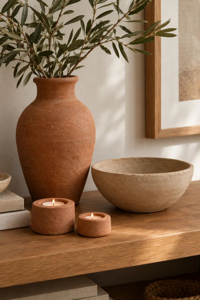 Terracotta and clay accessories styled in a modern boho living room