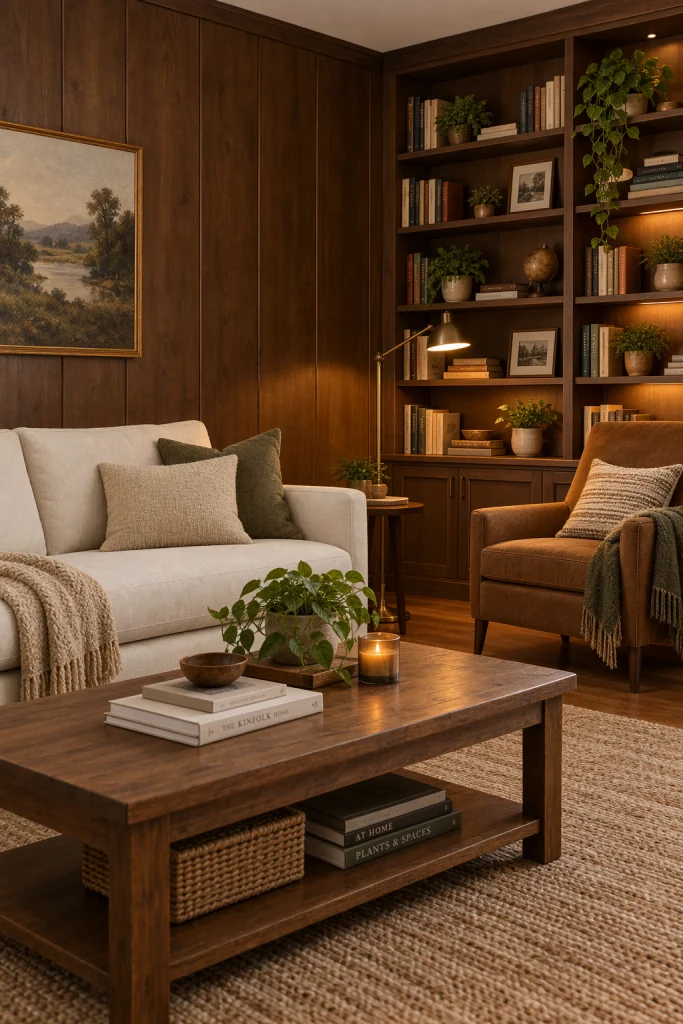 Brown wood paneled wall with built in shelving
