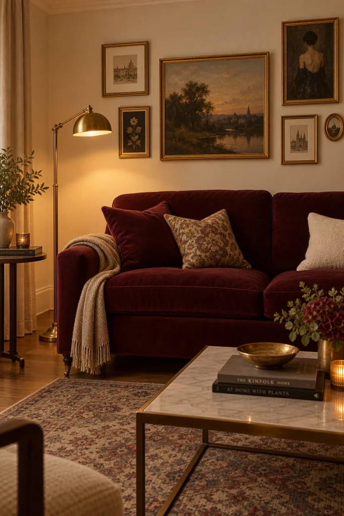Burgundy sofa styled with brass floor lamp and picture frames