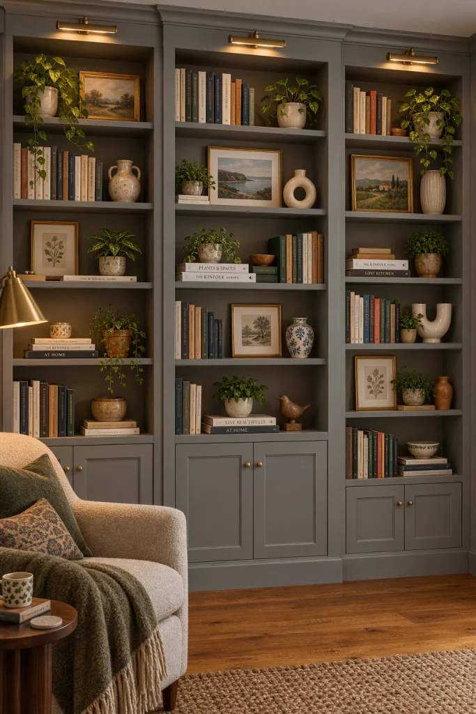 Grey built in shelves styled with green potted plants
