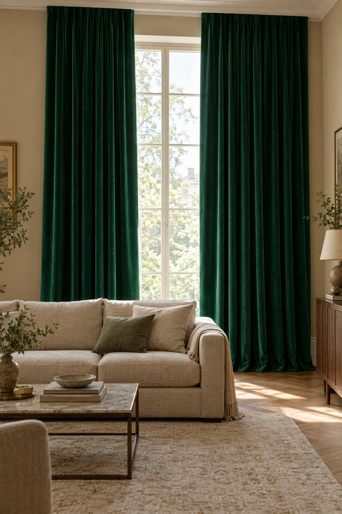 Emerald green velvet curtains in a beige living room