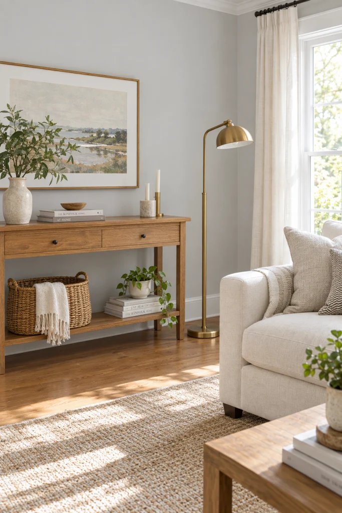 Light grey living room walls balanced with warm wood and brass accents