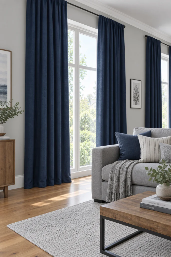 Navy blue curtains against light grey living room walls
