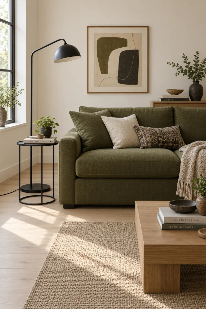 Olive green sofa paired with black metal floor lamp and side table