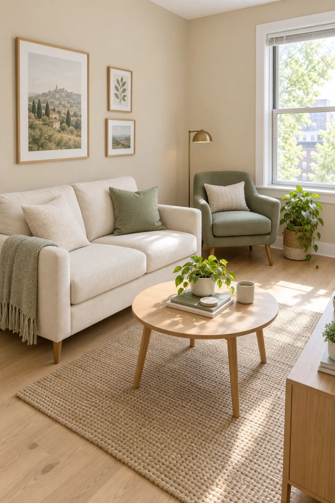Small living room with sage green accent chair and beige walls