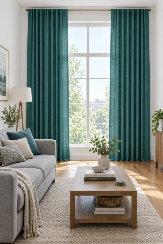 Floor to ceiling teal curtains in white walled living room