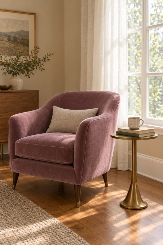 Mauve velvet accent chair by a window in a beige living room