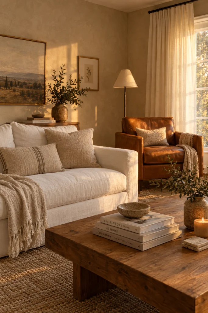 White couch with warm beige and cream tones for a soft neutral living room
