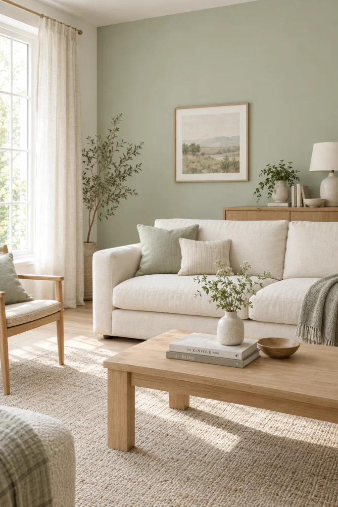 Pale sage green accent wall in a cream and light wood living room