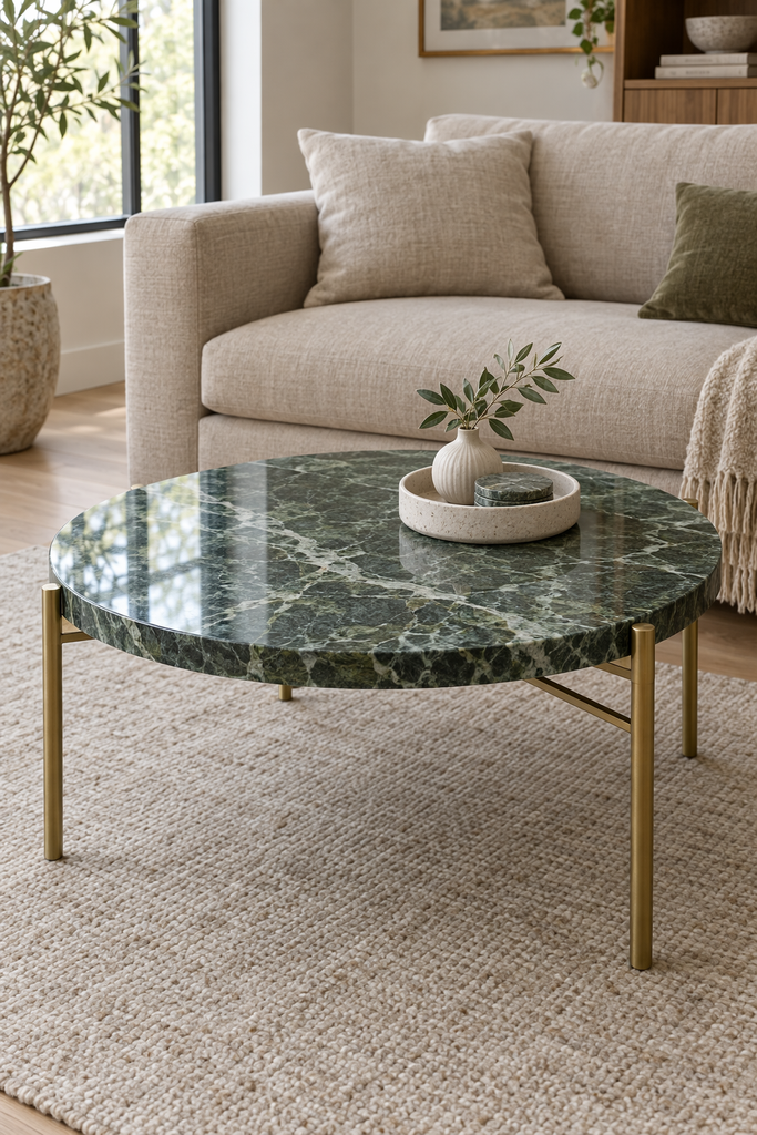 Green stone coffee table in a neutral living room