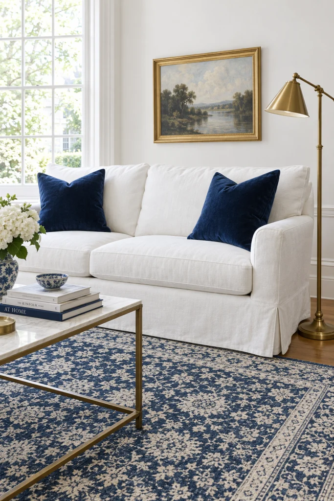 White couch styled with navy blue pillows and rug for a classic living room look