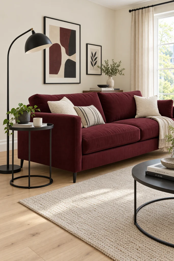 Burgundy sofa with black metal floor lamp and side table