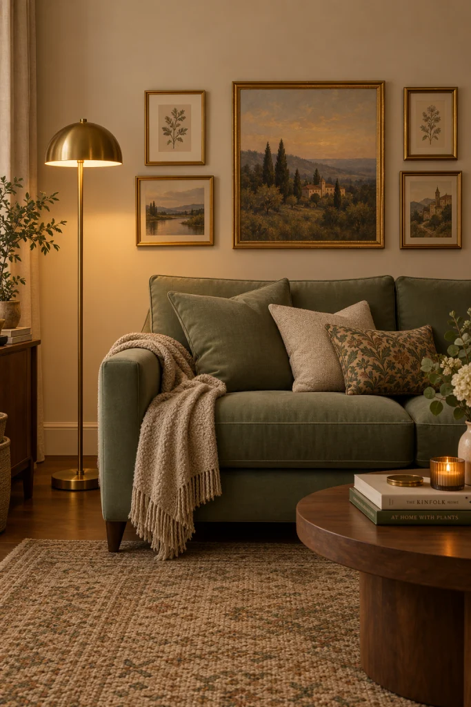 Sage green sofa with brass floor lamp against beige walls