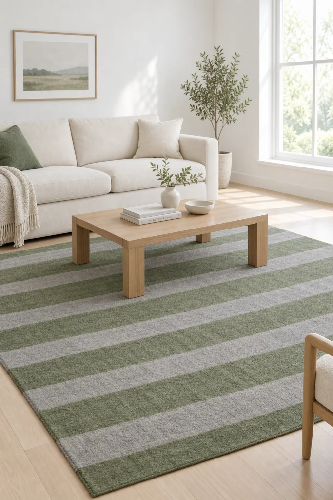 Green and grey striped area rug centerpiece in living room