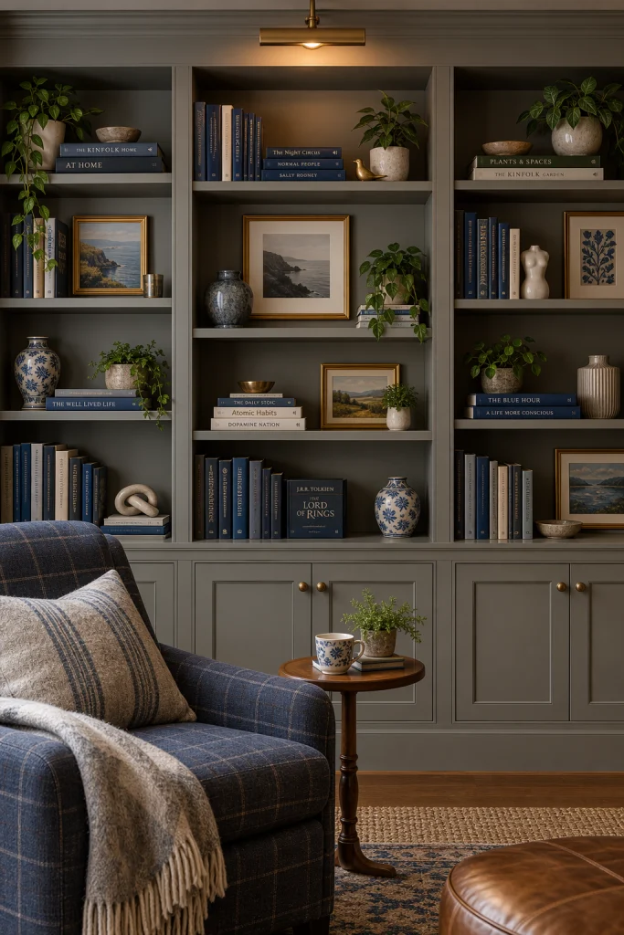 Grey built in shelves styled with navy blue accents