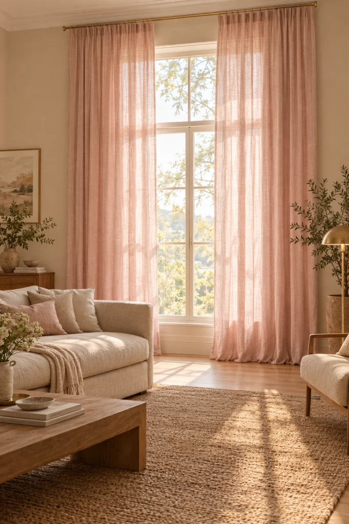 Blush pink floor-length curtains in a beige living room