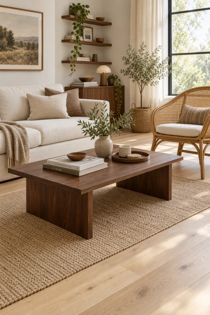 Living room with layered walnut oak and rattan wood tones