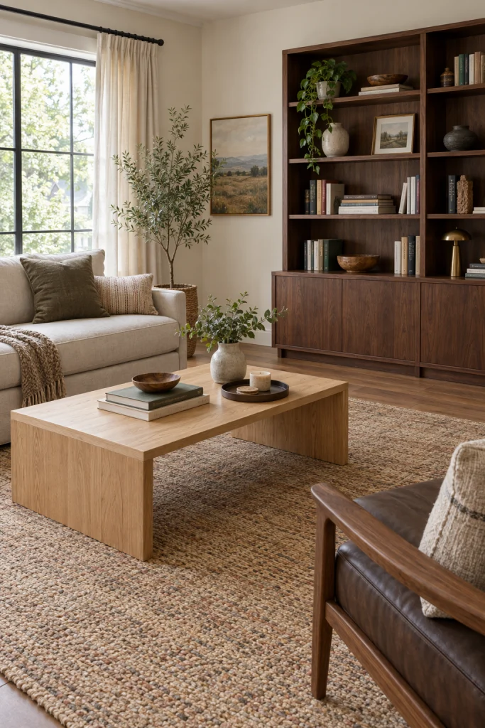 Mixed wood tones styled in a modern boho living room