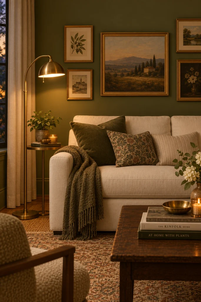 Olive green living room wall styled with brass lamp and frames