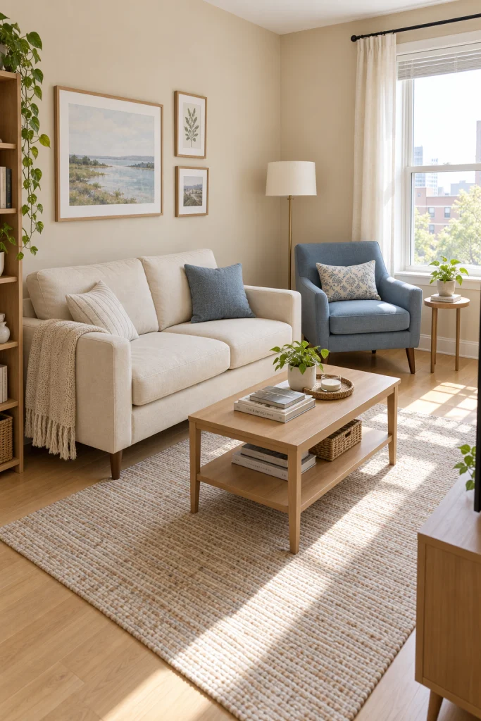 Small living room with dusty blue accent chair and beige walls