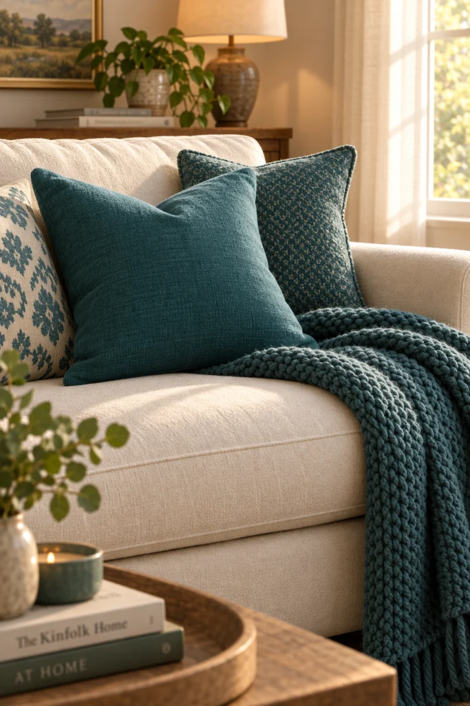 Cream sofa with teal throw pillows and cozy knit blanket