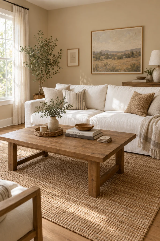 White sofa grounded by a natural jute rug in a warm-toned living room
