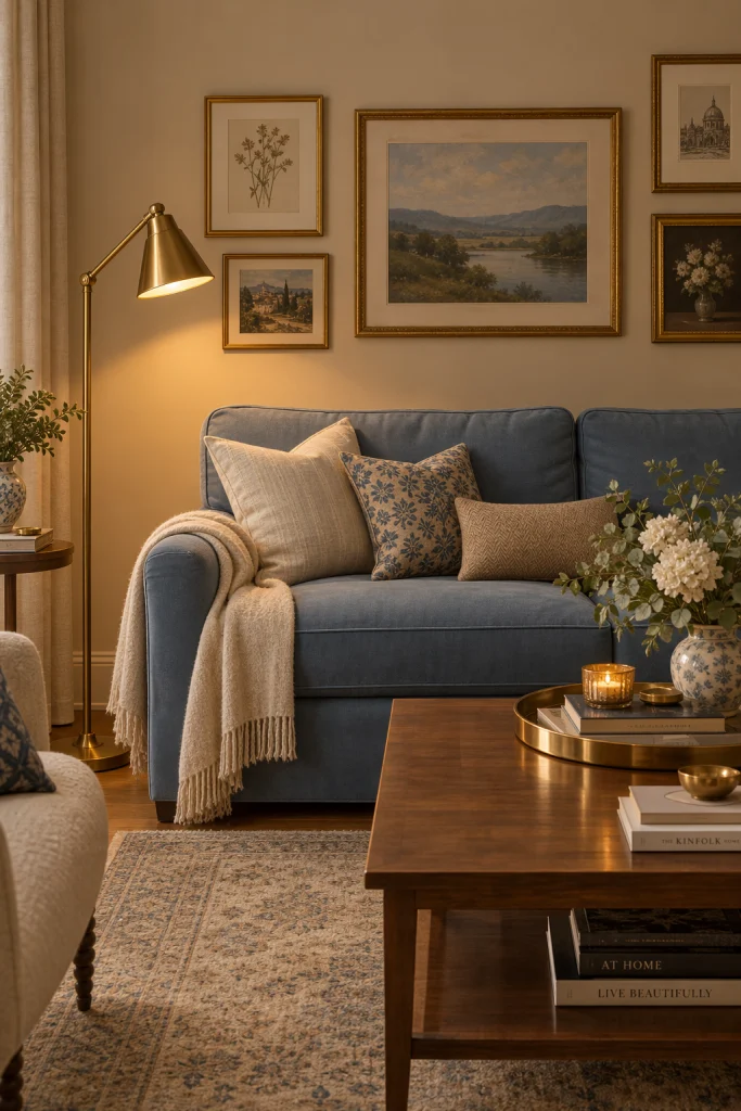 Dusty blue sofa with brass floor lamp against beige walls