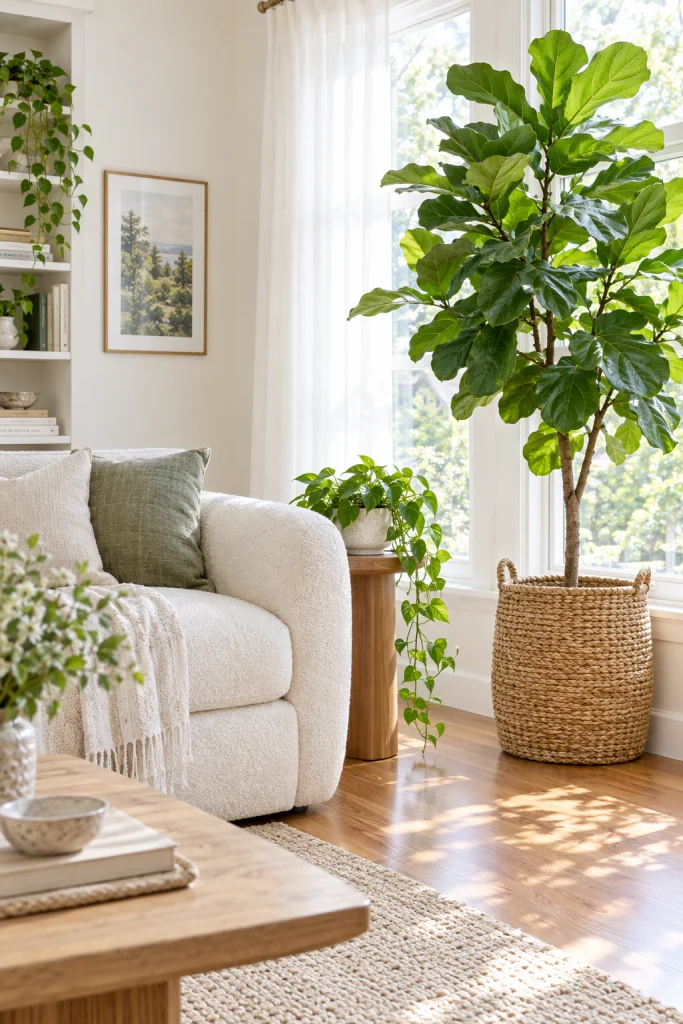 White couch living room with plants for a fresh biophilic design look