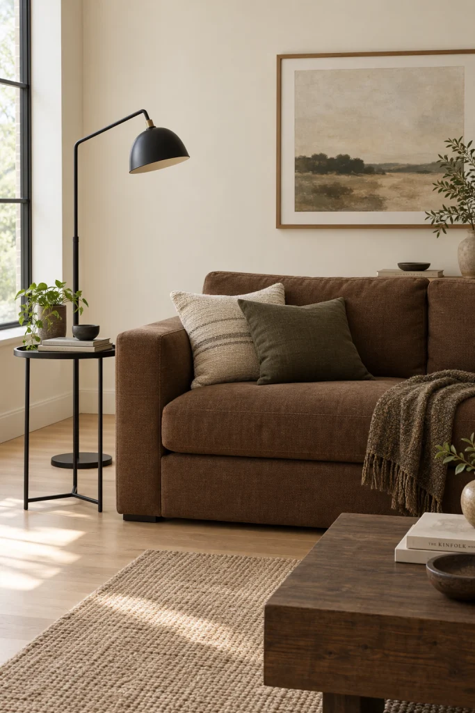 Brown sofa paired with black metal accents in modern living room