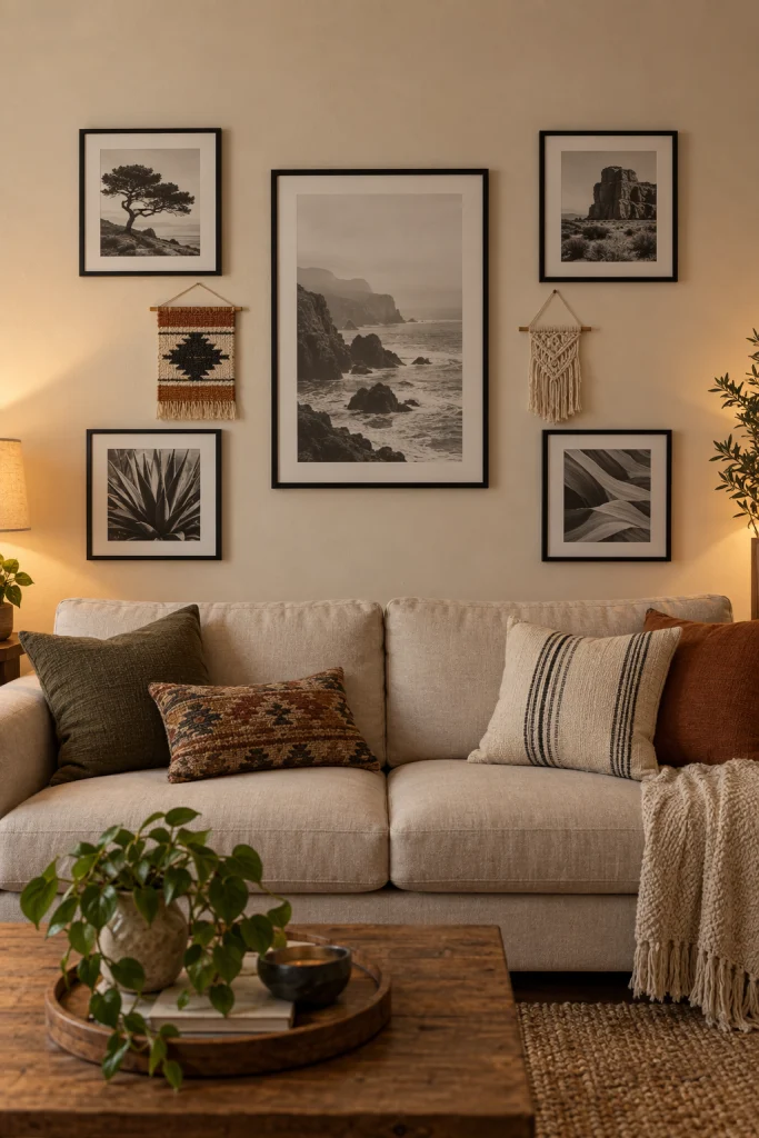 Boho gallery wall mixing framed art and woven textiles