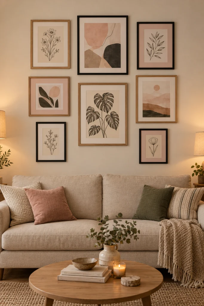 Pink and beige gallery wall arrangement above a living room sofa