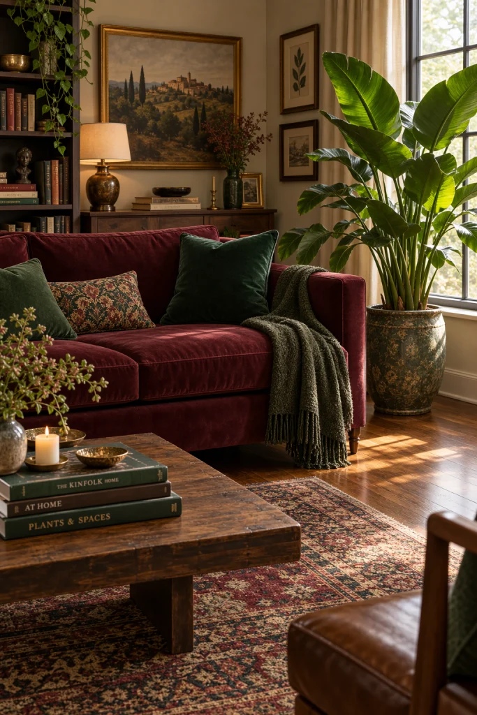 Burgundy sofa styled with deep green throw pillows and plant