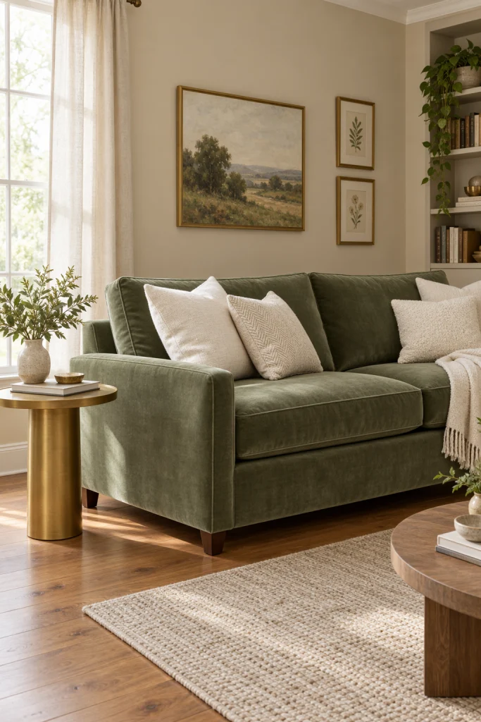 Sage green velvet sofa in beige walled living room