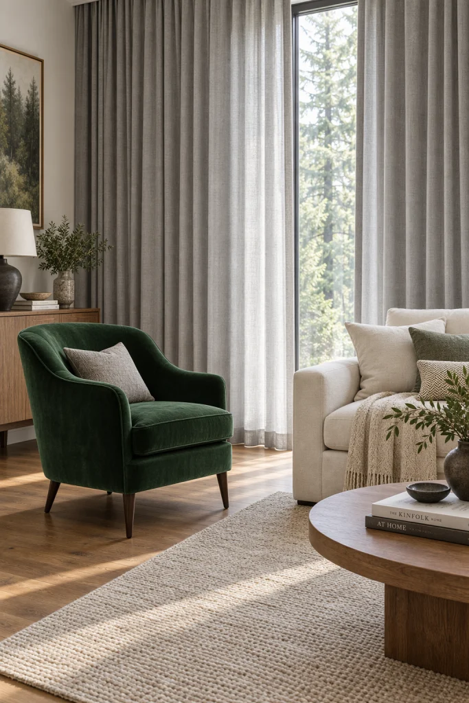 Green velvet accent chair with grey linen curtains in background