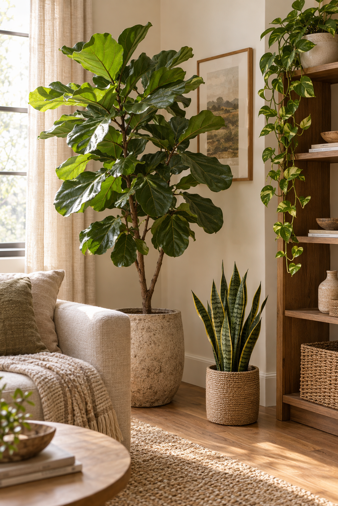 Houseplants styled as the main green accent in a living room