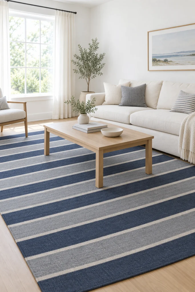 Navy and grey striped area rug centerpiece in living room