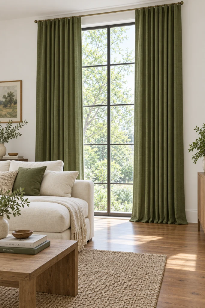 Floor to ceiling olive green curtains in white walled living room