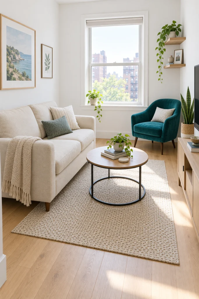 Small living room with teal velvet accent chair and cream loveseat