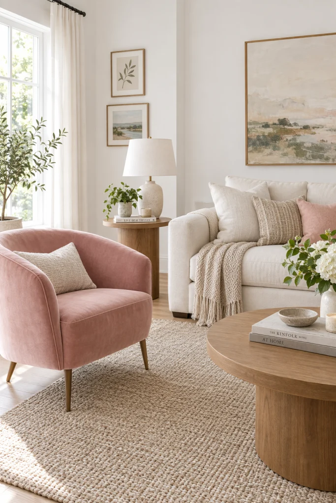 Blush pink accent chair as a color pop in a neutral living room