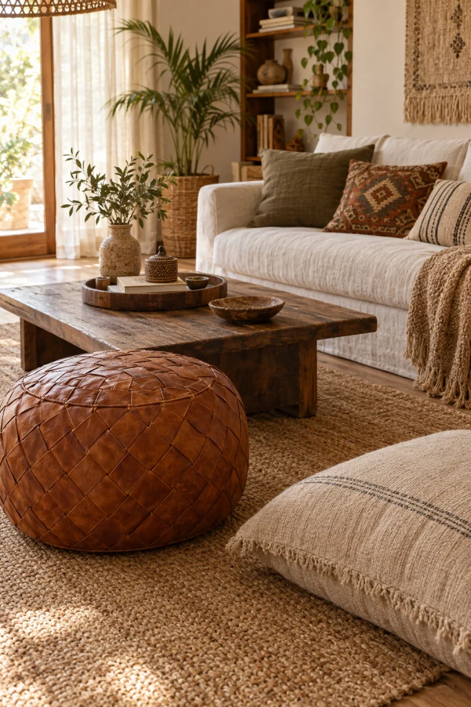 Woven pouf and floor cushion seating in a modern boho living room