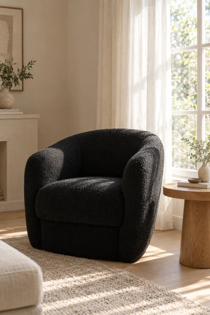 Black boucle accent chair near a window in a modern living room