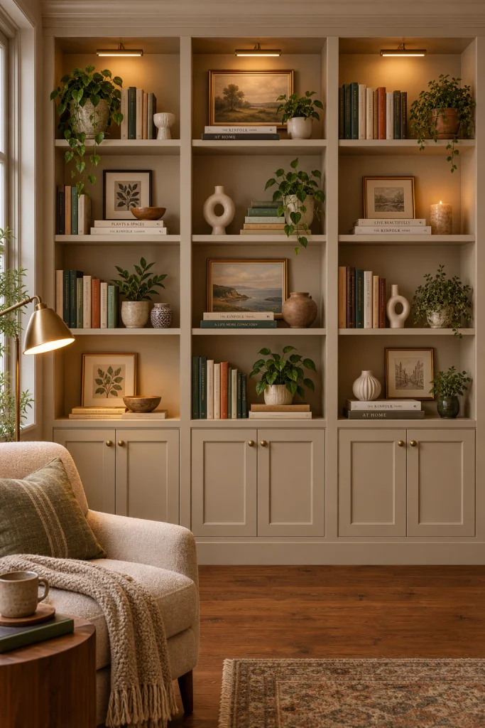Beige built in shelves styled with green potted plants