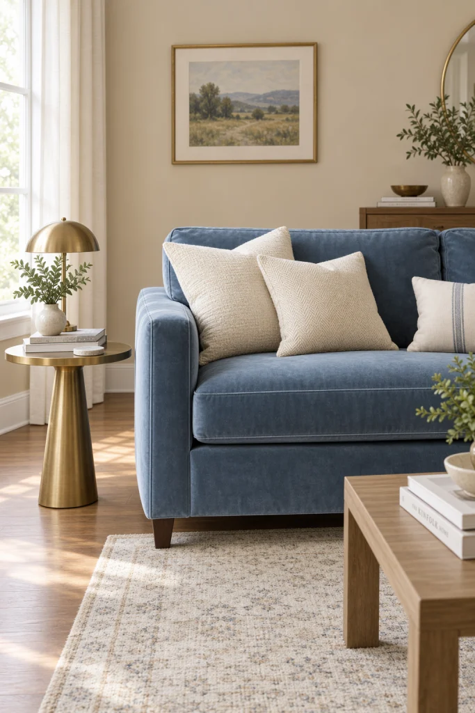 Dusty blue velvet sofa in beige walled living room