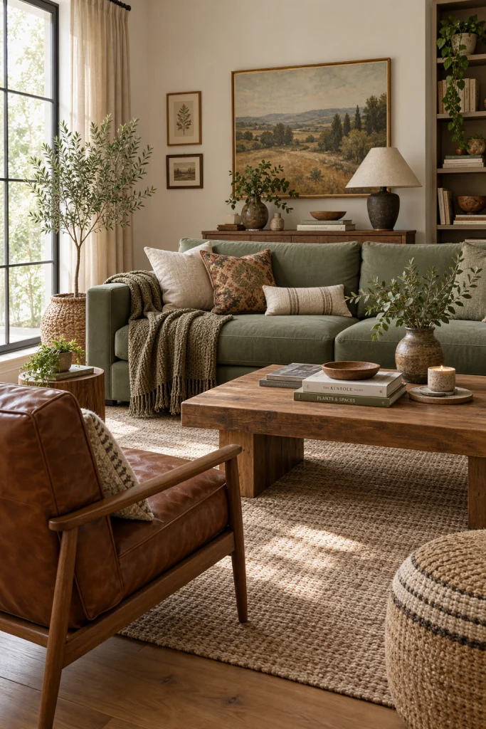 Sage green sofa paired with brown leather accent chair