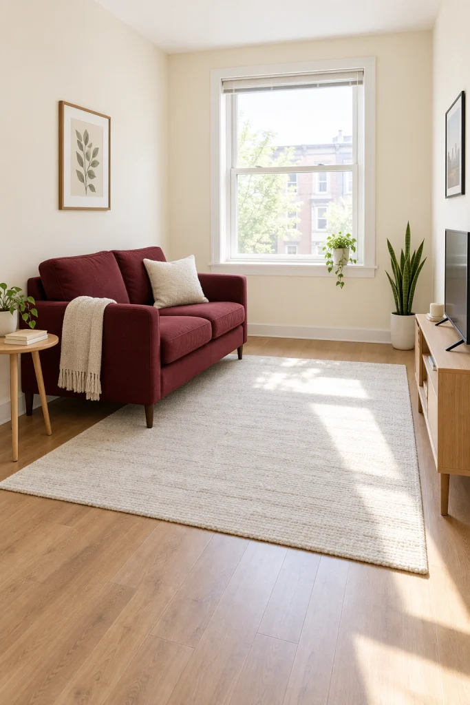 Small living room with burgundy loveseat and light cream walls