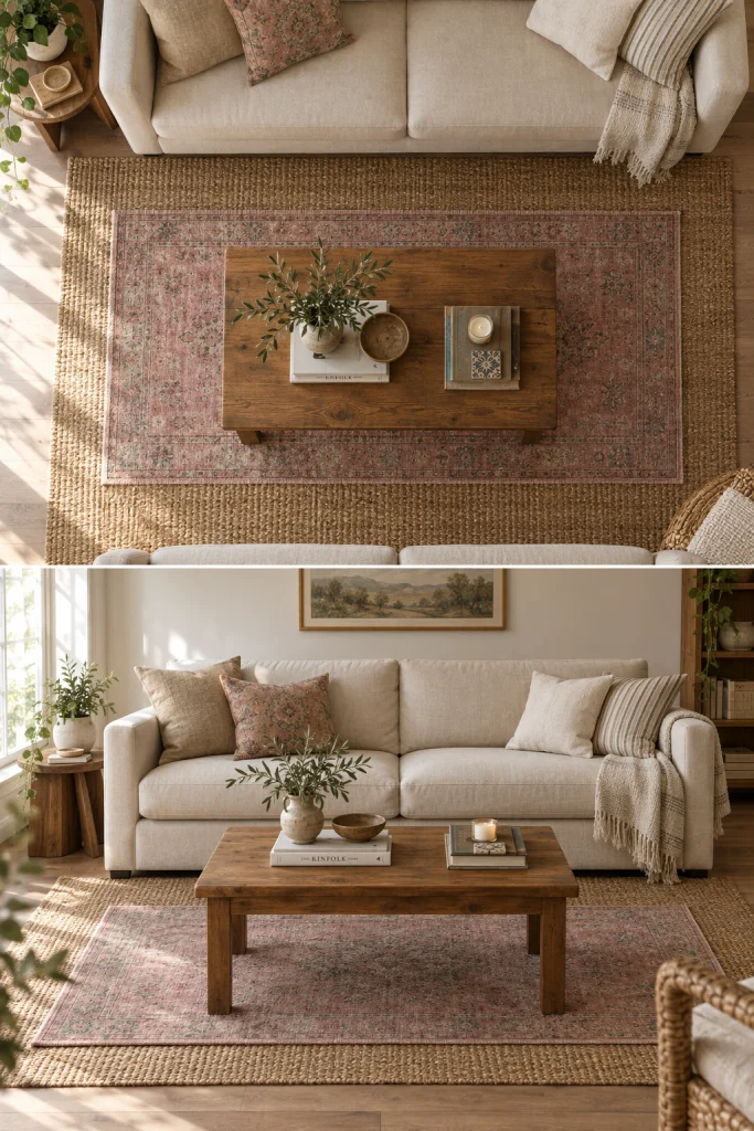 Pink runner rug layered over a beige jute rug in a living room