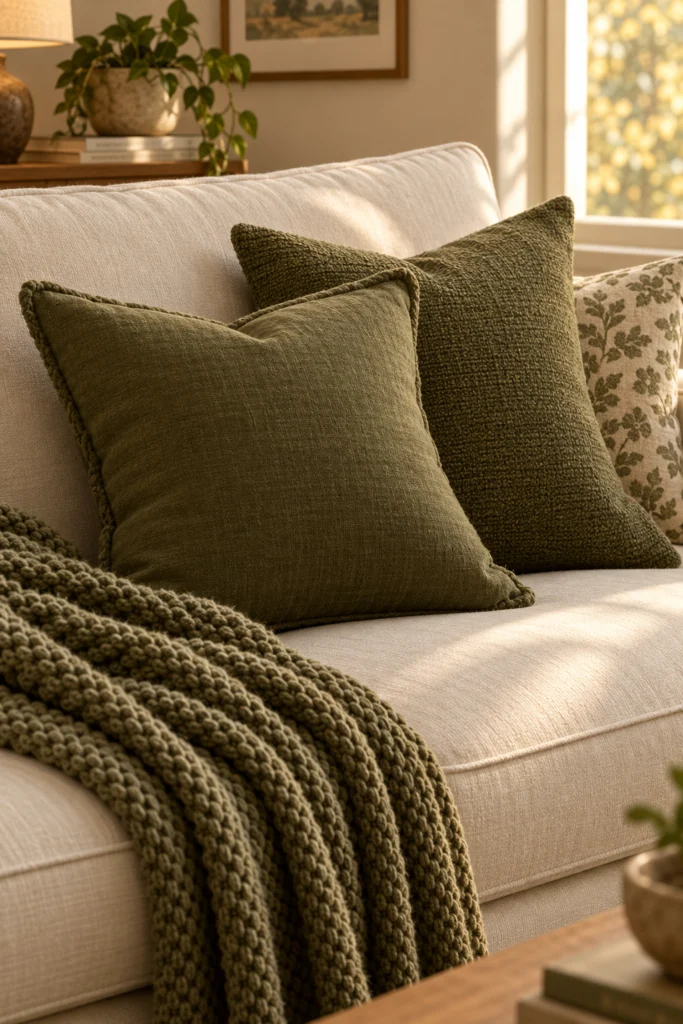 Cream sofa with olive green throw pillows and knit blanket