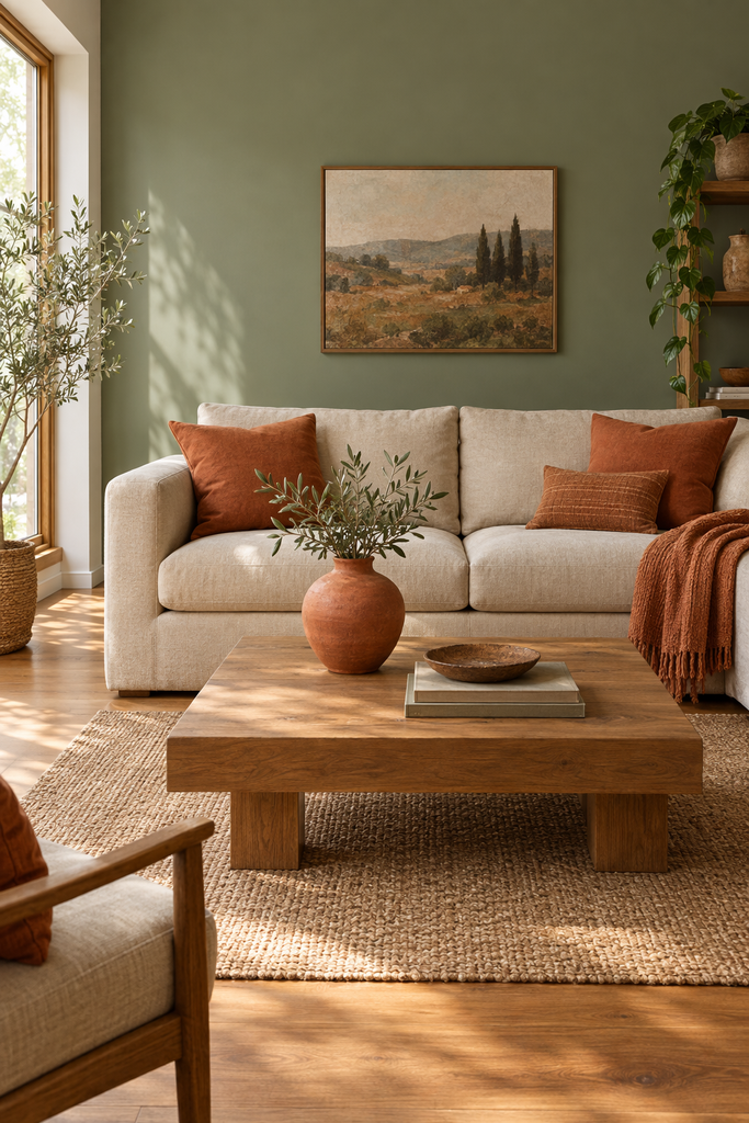 Sage green wall paired with terracotta accents in a living room